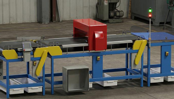 industrial conveyor system with red and blue components eight efficiency features multiple compartments for sorting items