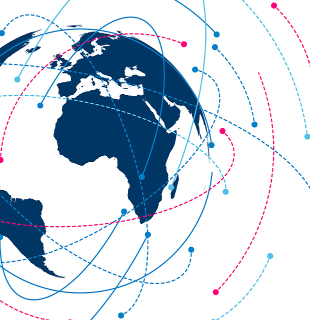 a stylized illustration of the globe surrounded by colorful dotted lines representing global connectivity and networks with five key regions highlighted