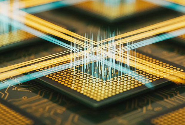 abstract close-up of a computer processor with golden pins and circuit connections highlighting modern technology and performance with a focus on 6 core processing capabilities