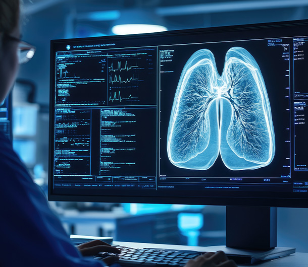 medical professional analyzing lung scan on computer screen with data visualization and analysis focusing on five vital signs