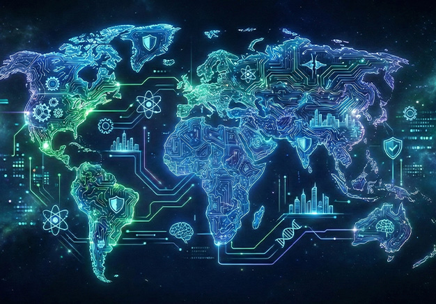 a digital diagram illustrating six interconnected sectors including smart cities healthcare energy utilities and their relationships in a network format